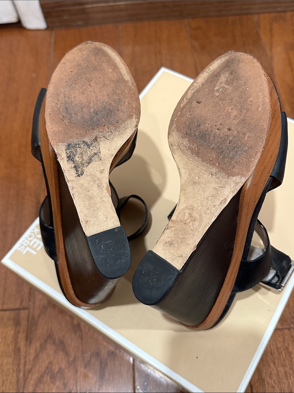 Michael Kors Josephine Black Leather Open-Toe Wedge Sandal with Brown Platform - Picture 8 of 10